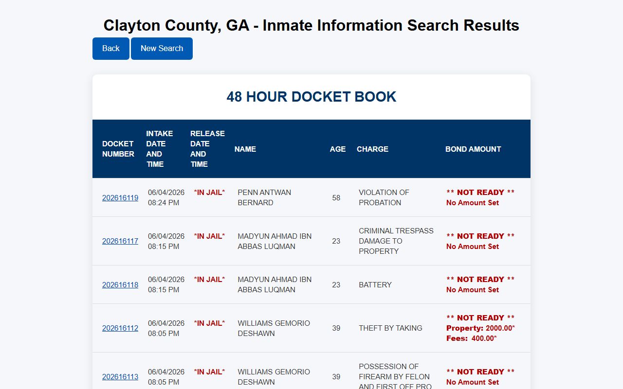 Clayton County inmate records 48 hour docket table