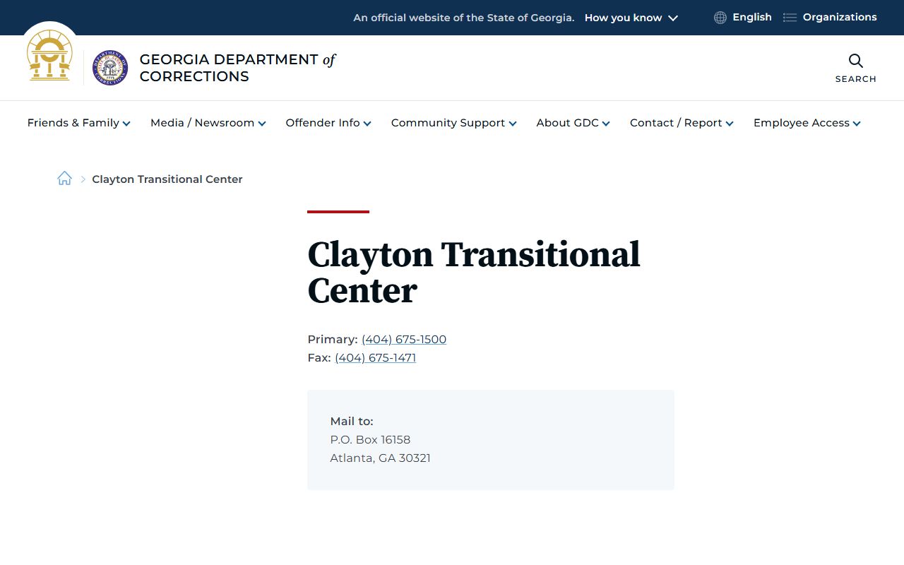 Clayton Transitional Center GDC contact page and custody search source